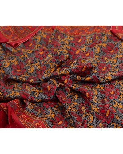 Sanskriti Vintage Sarees Red-Gray From India Pure Silk Printed Sari Craft Fabric, PR-64512-Red &amp; Gray-Pure Silk-1