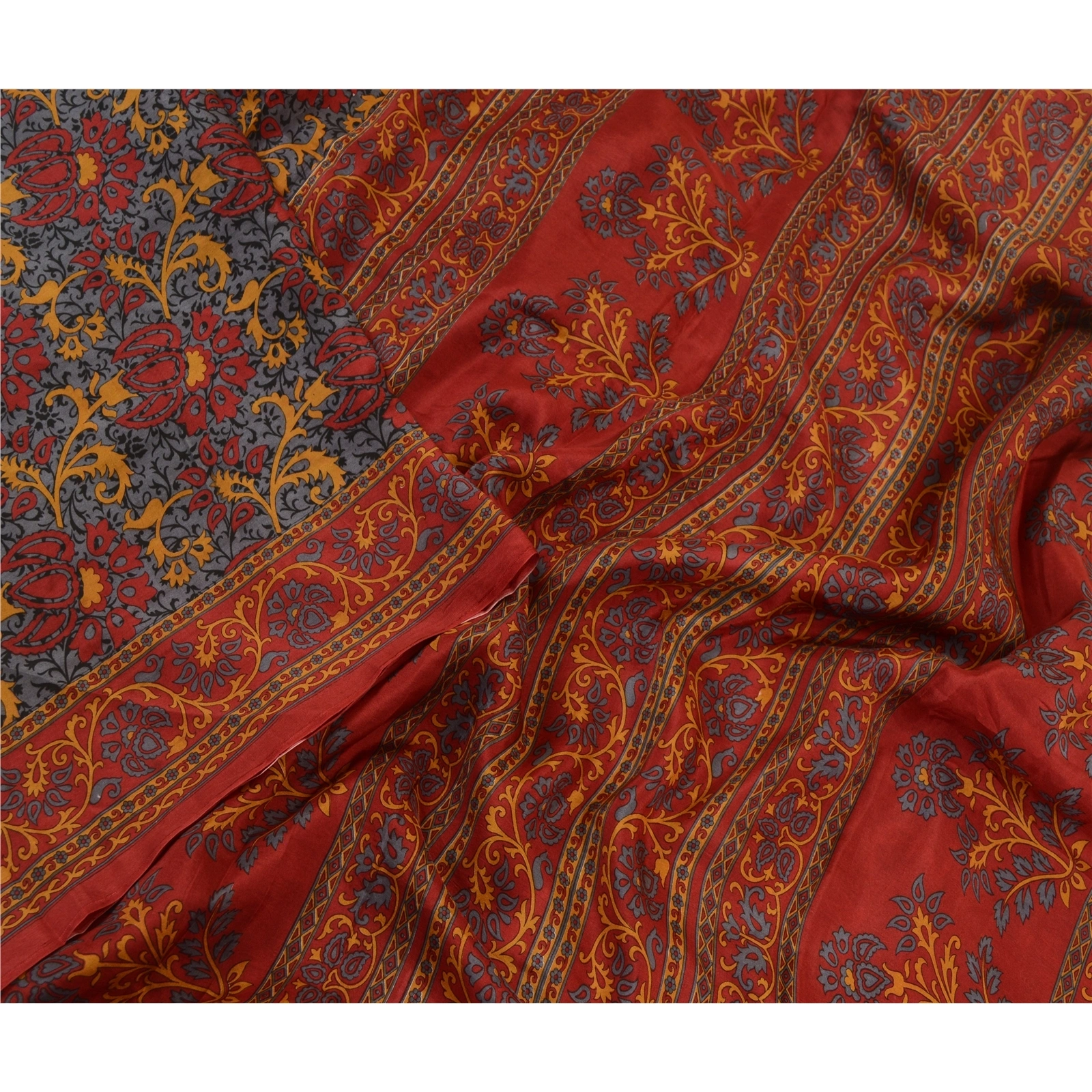 Sanskriti Vintage Sarees Red-Gray From India Pure Silk Printed Sari Craft Fabric, PR-64512-Red &amp; Gray-Pure Silk-3