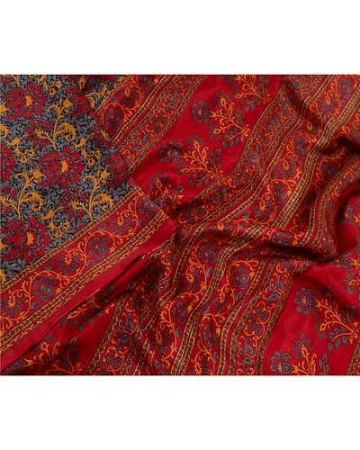 Sanskriti Vintage Sarees Red-Gray From India Pure Silk Printed Sari Craft Fabric, PR-64512-Red &amp; Gray-Pure Silk-3
