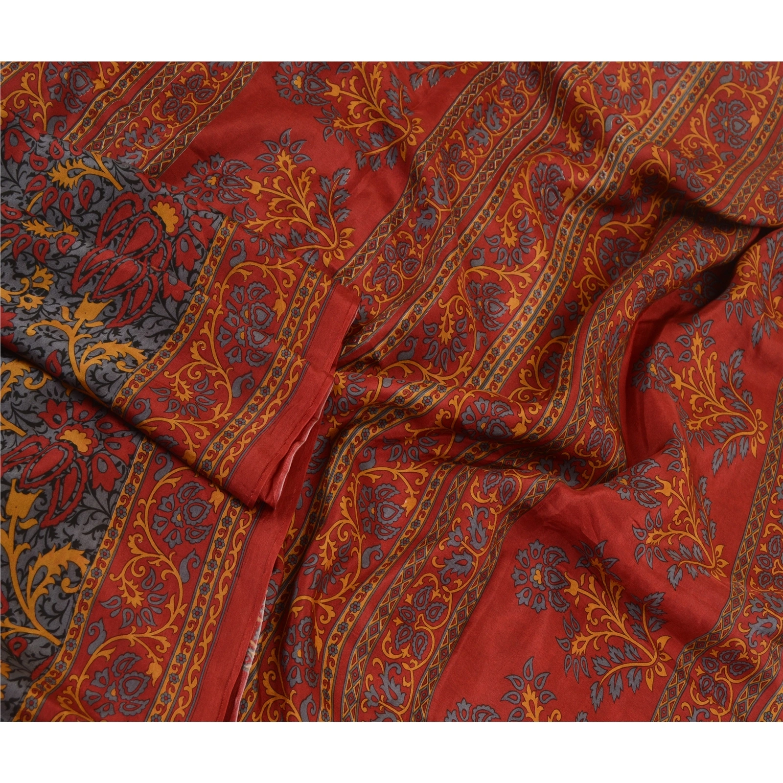 Sanskriti Vintage Sarees Red-Gray From India Pure Silk Printed Sari Craft Fabric, PR-64512-Red &amp; Gray-Pure Silk-4