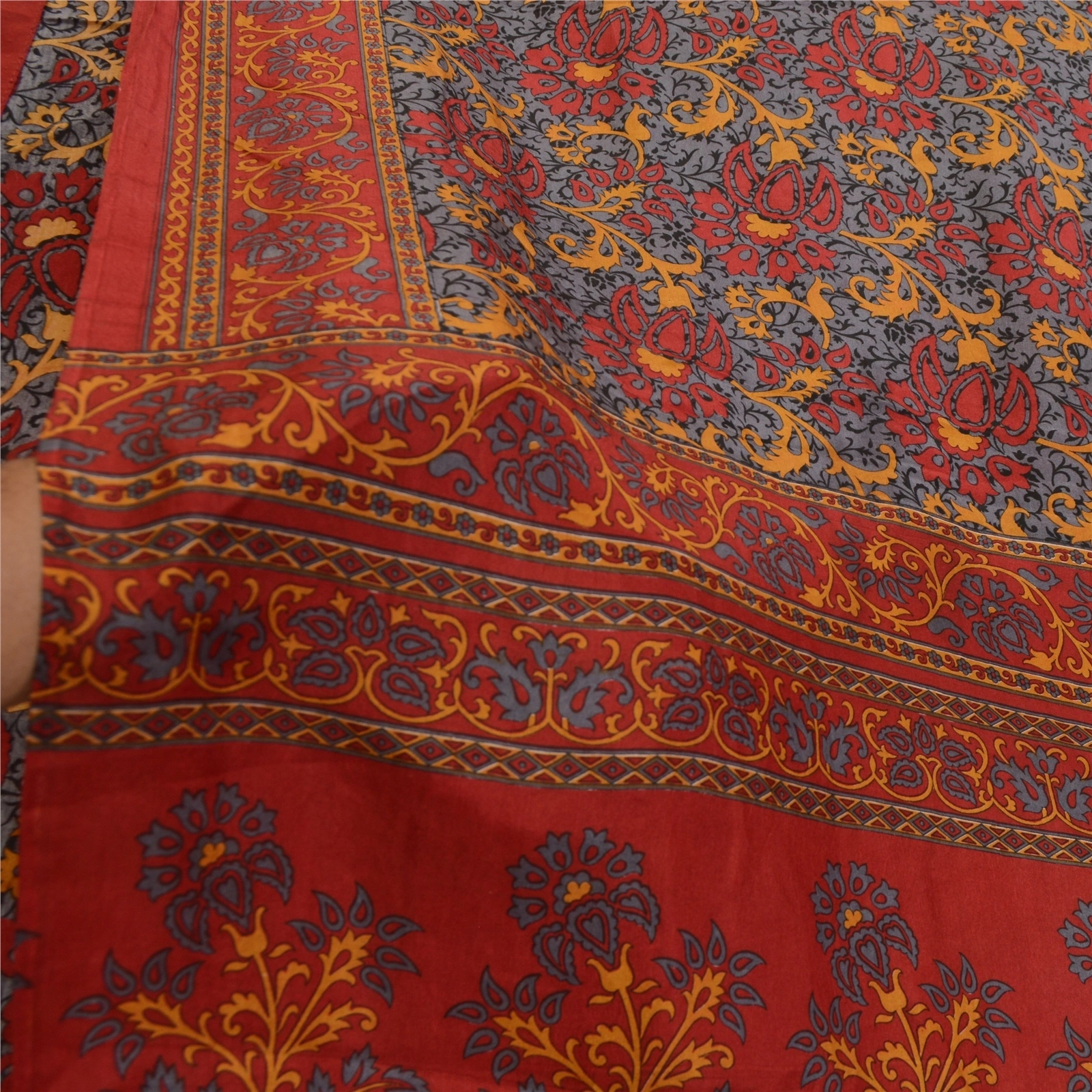 Sanskriti Vintage Sarees Red-Gray From India Pure Silk Printed Sari Craft Fabric, PR-64512-Red &amp; Gray-Pure Silk-8