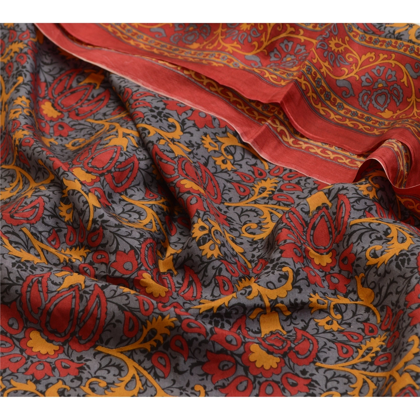 Sanskriti Vintage Sarees Red-Gray From India Pure Silk Printed Sari Craft Fabric, PR-64512-Red &amp; Gray-Pure Silk-9