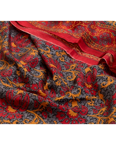 Sanskriti Vintage Sarees Red-Gray From India Pure Silk Printed Sari Craft Fabric, PR-64512-Red &amp; Gray-Pure Silk-9