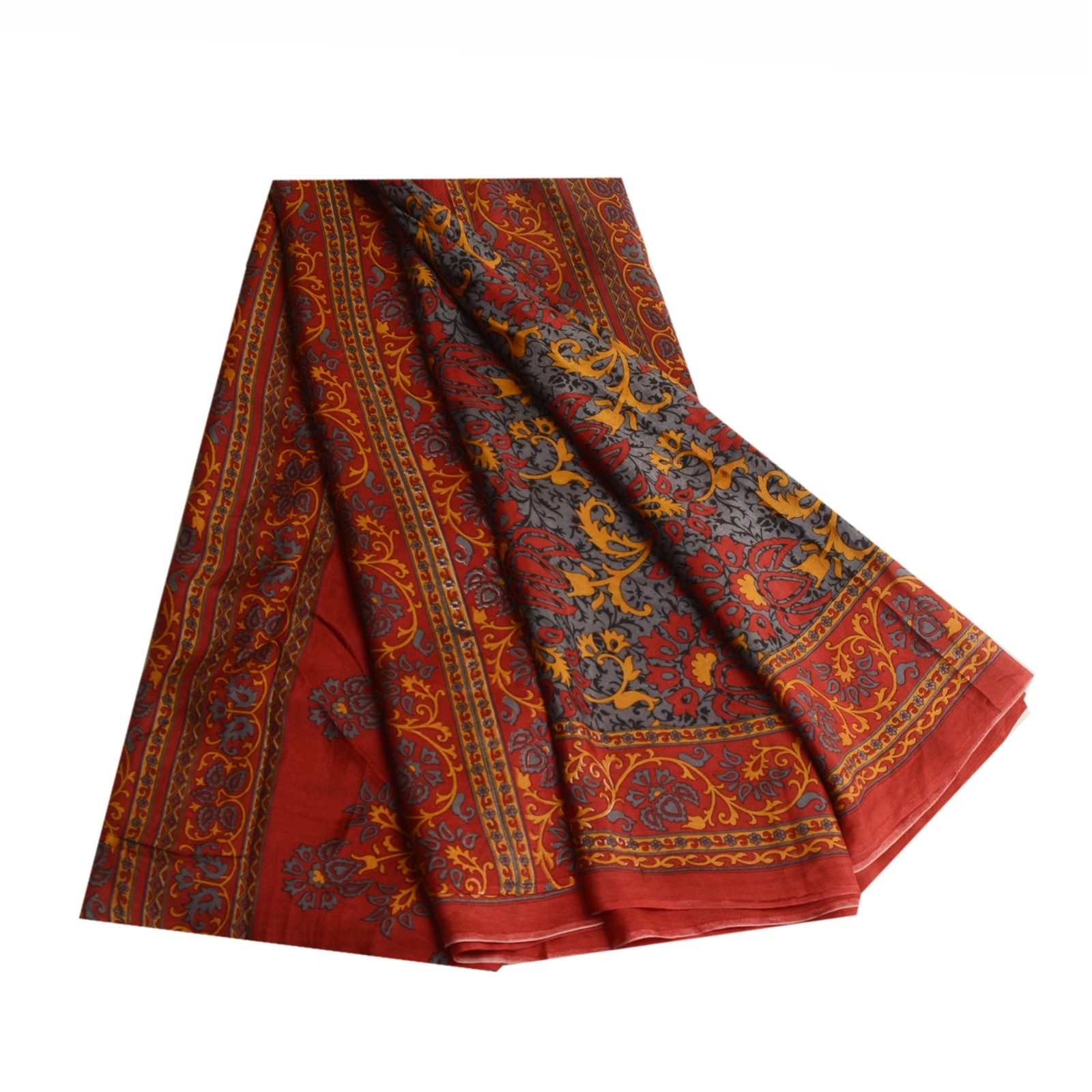 Sanskriti Vintage Sarees Red-Gray From India Pure Silk Printed Sari Craft Fabric, PR-64512-Red &amp; Gray-Pure Silk-10