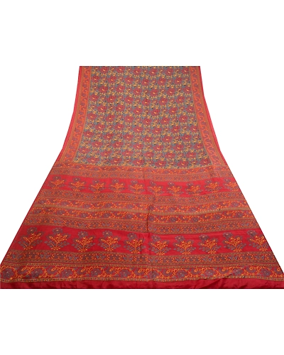 Sanskriti Vintage Sarees Red-Gray From India Pure Silk Printed Sari Craft Fabric, PR-64512-Red &amp; Gray-Pure Silk-11