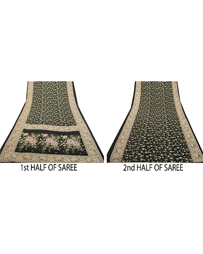 Sanskriti Vintage Sarees Black From India Pure Silk Printed Sari Craft Fabric, PR-64514-Black-Pure Silk-8