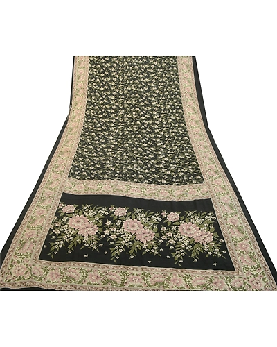 Sanskriti Vintage Sarees Black From India Pure Silk Printed Sari Craft Fabric, PR-64514-Black-Pure Silk-12