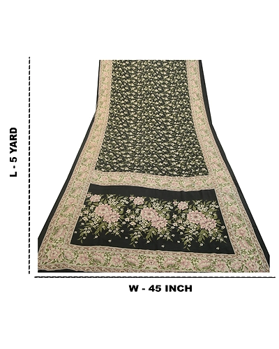 Sanskriti Vintage Sarees Black From India Pure Silk Printed Sari Craft Fabric, PR-64514-Black-Pure Silk-13