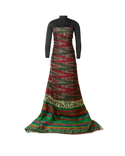 Sanskriti Vintage Sarees Red-Green Warli Art Printed Pure Silk Sari Craft Fabric, PR-64516-Red &amp; Green-Pure Silk-2