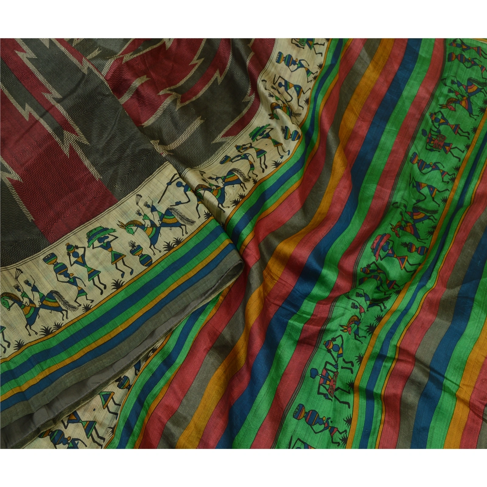 Sanskriti Vintage Sarees Red-Green Warli Art Printed Pure Silk Sari Craft Fabric, PR-64516-Red &amp; Green-Pure Silk-3