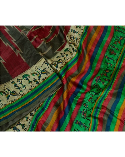 Sanskriti Vintage Sarees Red-Green Warli Art Printed Pure Silk Sari Craft Fabric, PR-64516-Red &amp; Green-Pure Silk-3