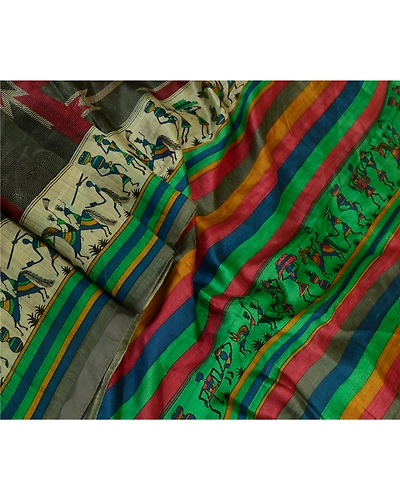 Sanskriti Vintage Sarees Red-Green Warli Art Printed Pure Silk Sari Craft Fabric, PR-64516-Red &amp; Green-Pure Silk-4