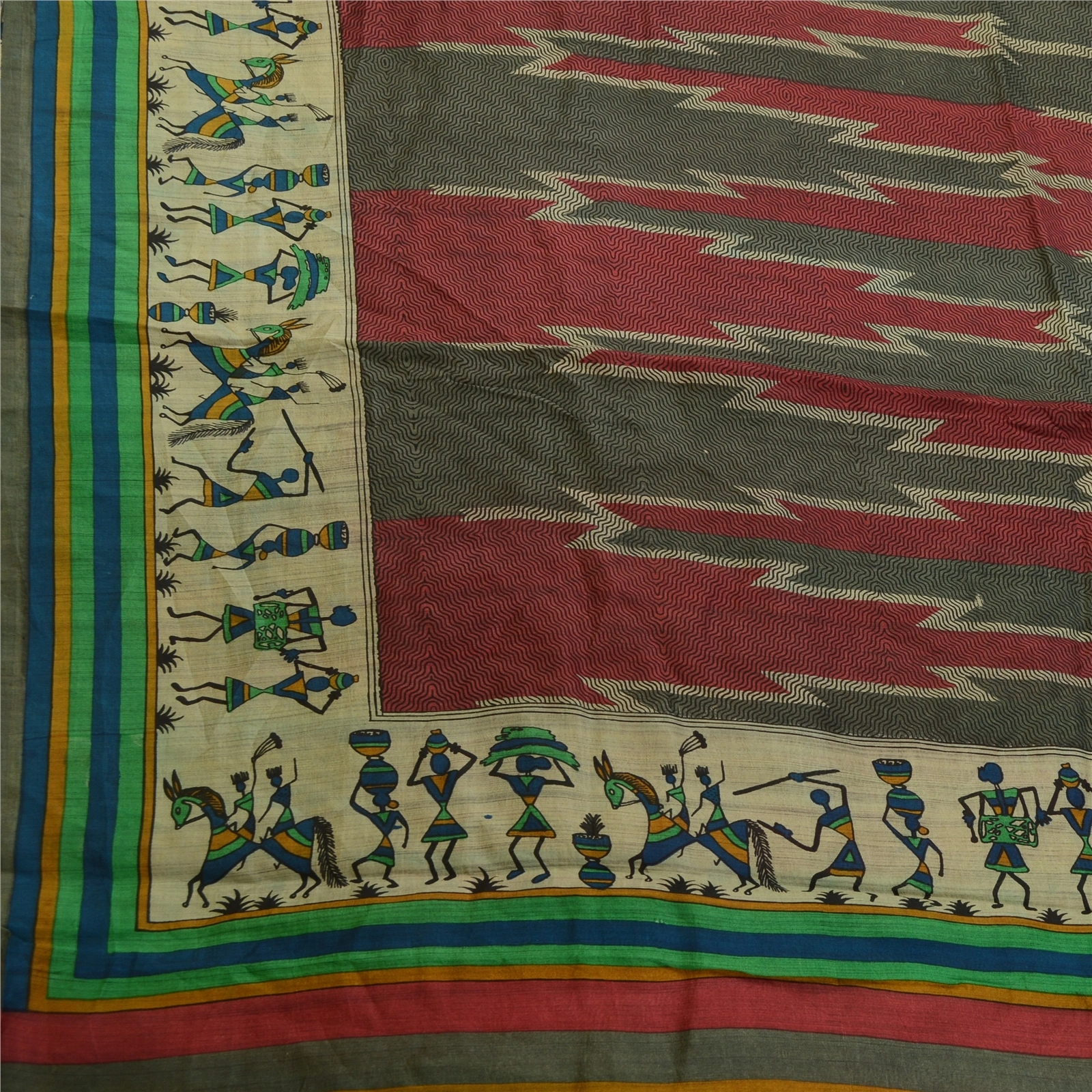 Sanskriti Vintage Sarees Red-Green Warli Art Printed Pure Silk Sari Craft Fabric, PR-64516-Red &amp; Green-Pure Silk-5