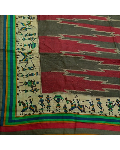 Sanskriti Vintage Sarees Red-Green Warli Art Printed Pure Silk Sari Craft Fabric, PR-64516-Red &amp; Green-Pure Silk-5