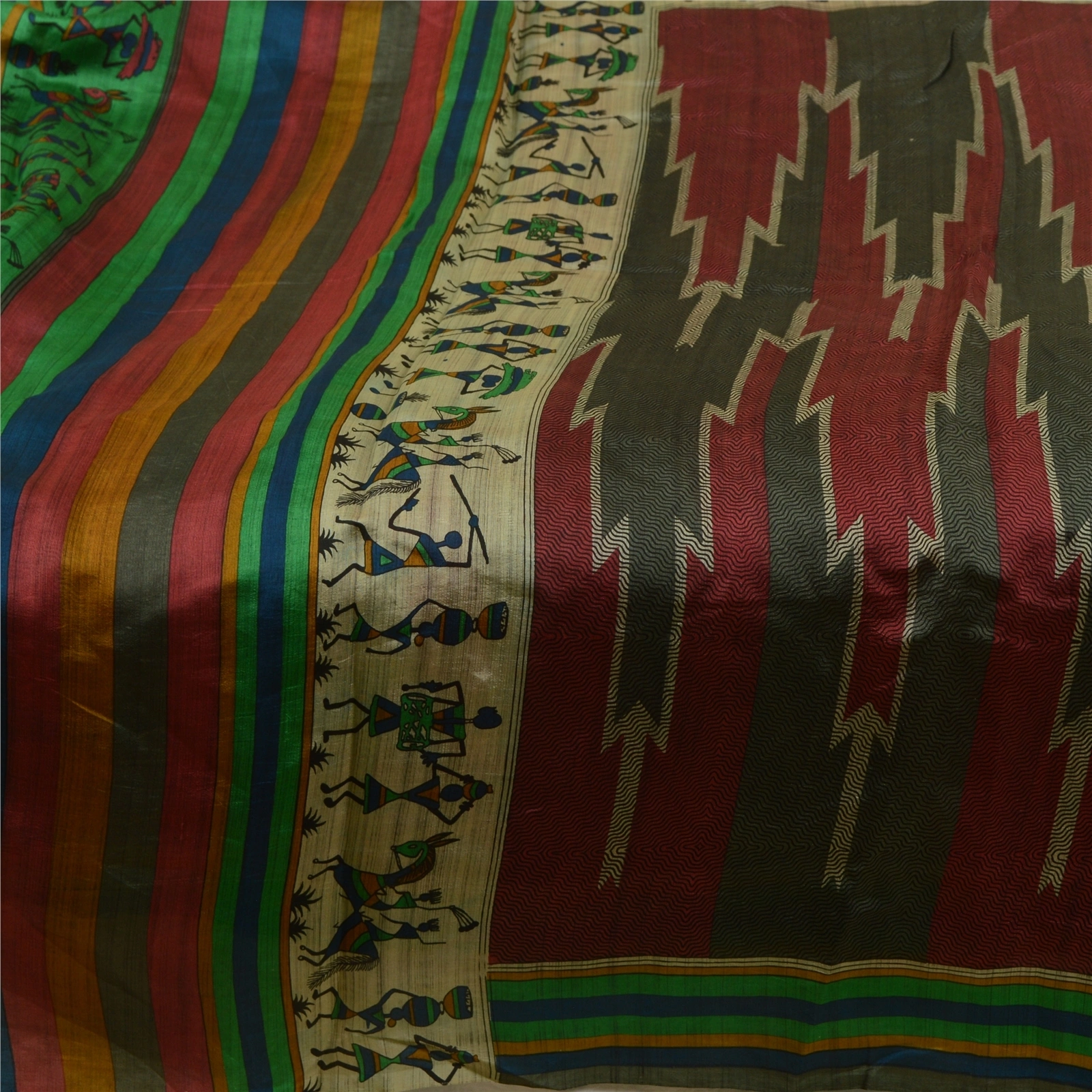 Sanskriti Vintage Sarees Red-Green Warli Art Printed Pure Silk Sari Craft Fabric, PR-64516-Red &amp; Green-Pure Silk-6