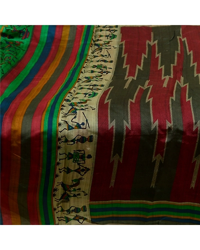Sanskriti Vintage Sarees Red-Green Warli Art Printed Pure Silk Sari Craft Fabric, PR-64516-Red &amp; Green-Pure Silk-6