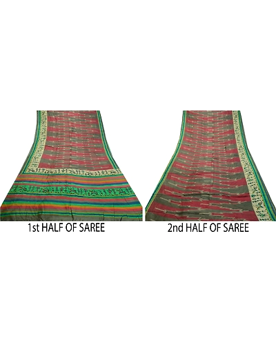 Sanskriti Vintage Sarees Red-Green Warli Art Printed Pure Silk Sari Craft Fabric, PR-64516-Red &amp; Green-Pure Silk-7