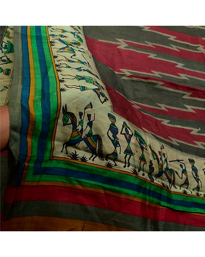 Sanskriti Vintage Sarees Red-Green Warli Art Printed Pure Silk Sari Craft Fabric, PR-64516-Red &amp; Green-Pure Silk-8