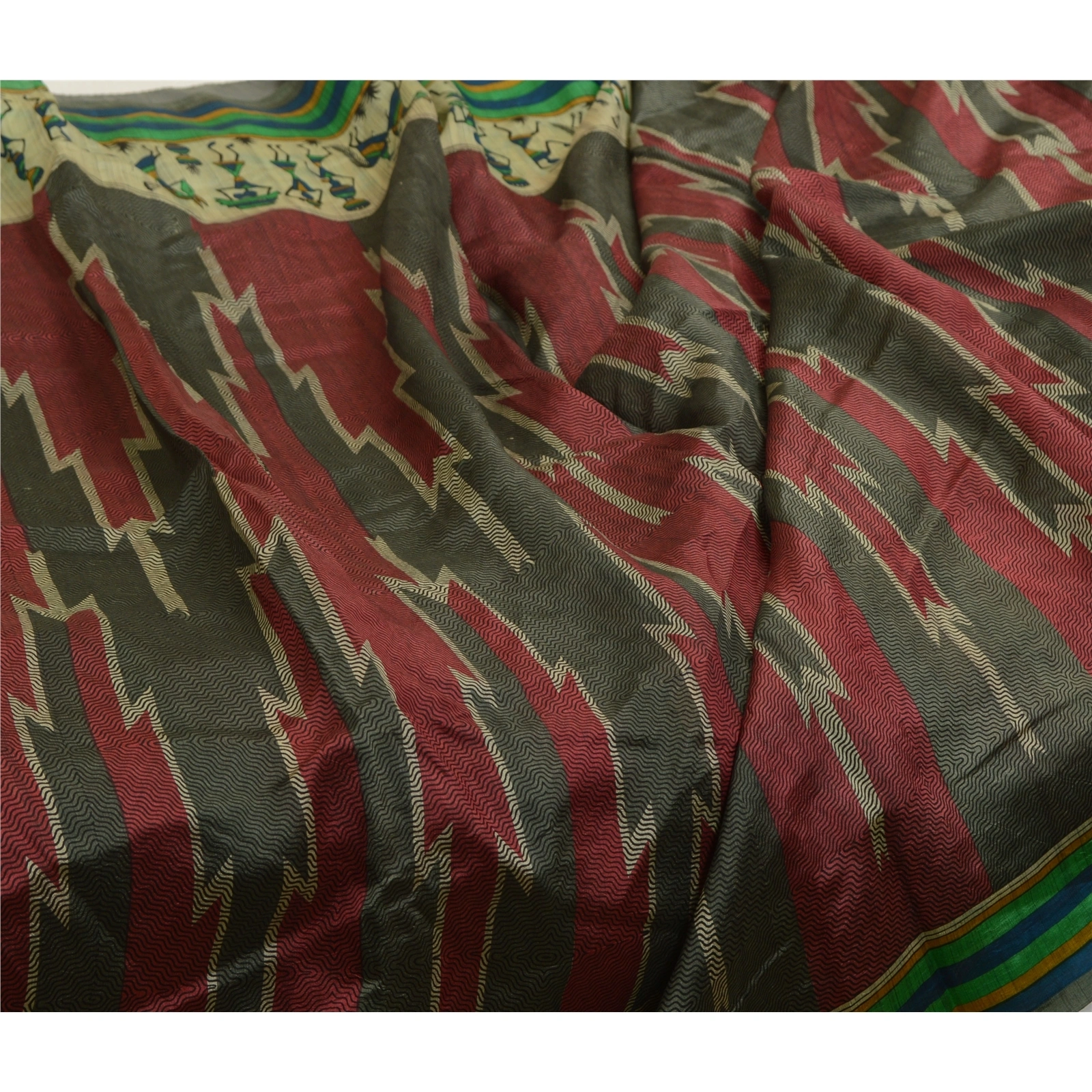 Sanskriti Vintage Sarees Red-Green Warli Art Printed Pure Silk Sari Craft Fabric, PR-64516-Red &amp; Green-Pure Silk-9