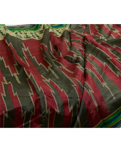 Sanskriti Vintage Sarees Red-Green Warli Art Printed Pure Silk Sari Craft Fabric, PR-64516-Red &amp; Green-Pure Silk-9