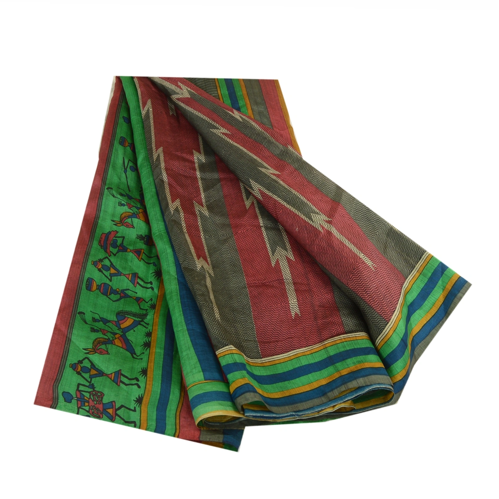 Sanskriti Vintage Sarees Red-Green Warli Art Printed Pure Silk Sari Craft Fabric, PR-64516-Red &amp; Green-Pure Silk-10