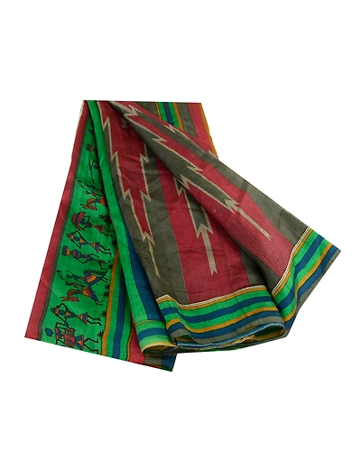 Sanskriti Vintage Sarees Red-Green Warli Art Printed Pure Silk Sari Craft Fabric, PR-64516-Red &amp; Green-Pure Silk-10