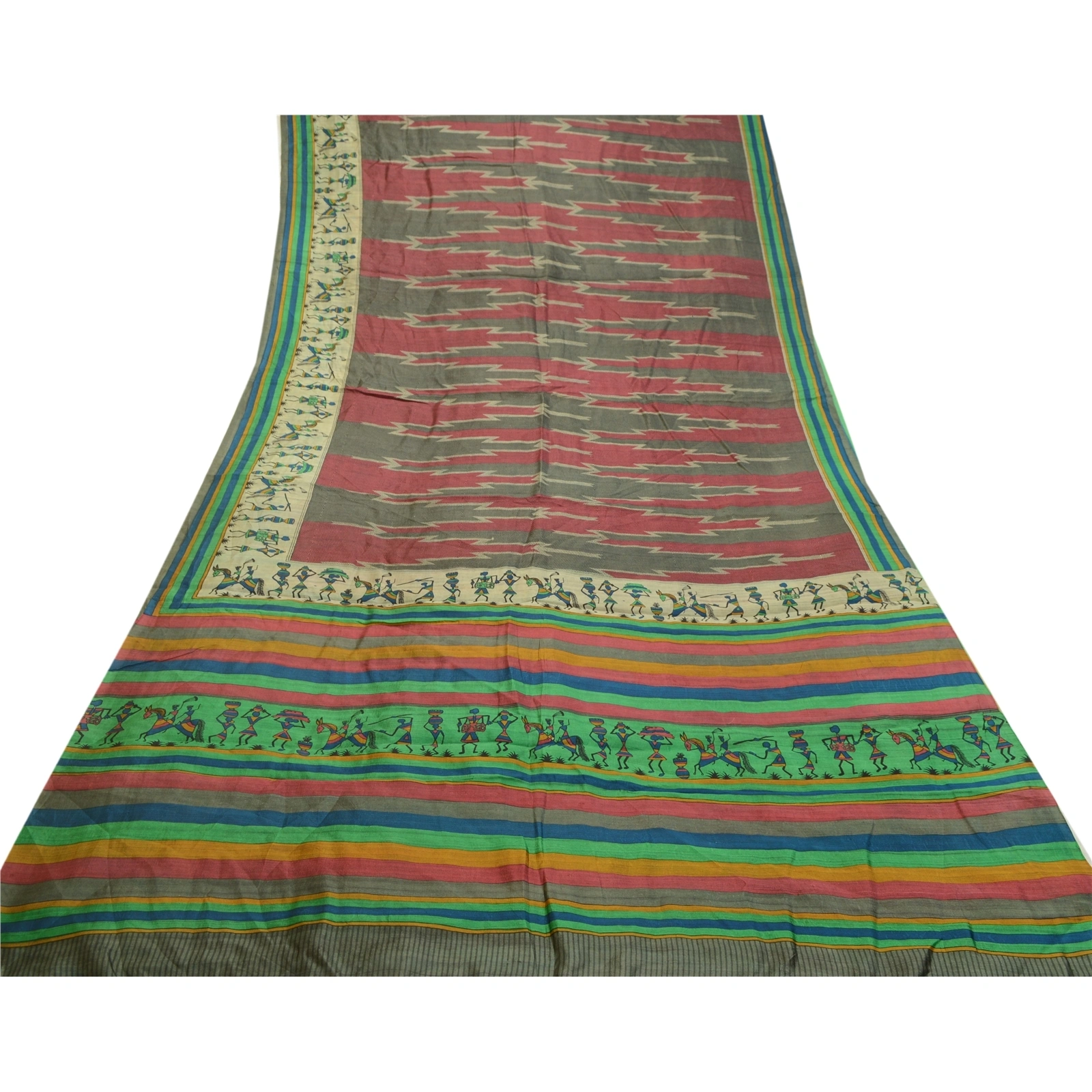 Sanskriti Vintage Sarees Red-Green Warli Art Printed Pure Silk Sari Craft Fabric, PR-64516-Red &amp; Green-Pure Silk-11