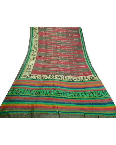 Sanskriti Vintage Sarees Red-Green Warli Art Printed Pure Silk Sari Craft Fabric, PR-64516-Red &amp; Green-Pure Silk-11