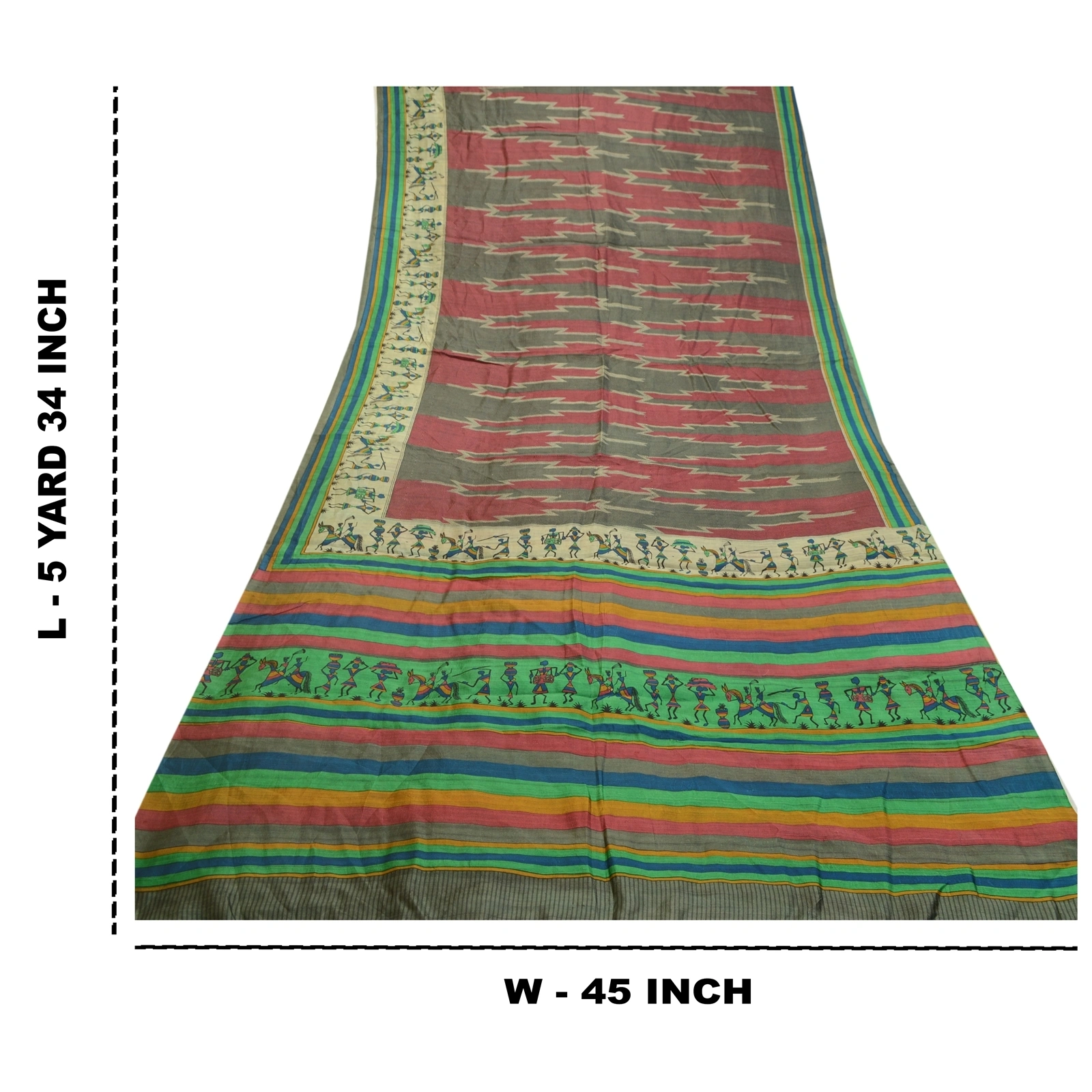 Sanskriti Vintage Sarees Red-Green Warli Art Printed Pure Silk Sari Craft Fabric, PR-64516-Red &amp; Green-Pure Silk-12