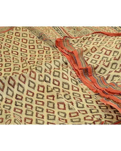 Sanskriti Vintage Sarees Ivory 100% Pure Silk Printed Sari Floral Craft Fabric, PR-64545-Ivory-Pure Silk-1