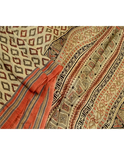 Sanskriti Vintage Sarees Ivory 100% Pure Silk Printed Sari Floral Craft Fabric, PR-64545-Ivory-Pure Silk-4