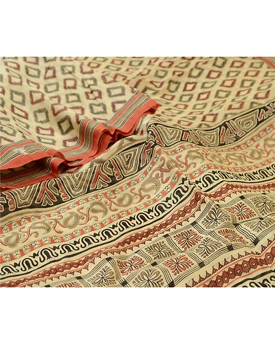 Sanskriti Vintage Sarees Ivory 100% Pure Silk Printed Sari Floral Craft Fabric, PR-64545-Ivory-Pure Silk-5