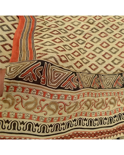 Sanskriti Vintage Sarees Ivory 100% Pure Silk Printed Sari Floral Craft Fabric, PR-64545-Ivory-Pure Silk-8