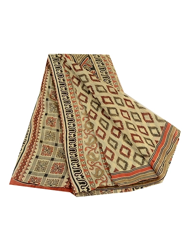 Sanskriti Vintage Sarees Ivory 100% Pure Silk Printed Sari Floral Craft Fabric, PR-64545-Ivory-Pure Silk-10
