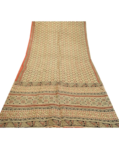 Sanskriti Vintage Sarees Ivory 100% Pure Silk Printed Sari Floral Craft Fabric, PR-64545-Ivory-Pure Silk-11
