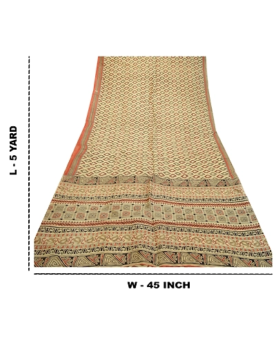 Sanskriti Vintage Sarees Ivory 100% Pure Silk Printed Sari Floral Craft Fabric, PR-64545-Ivory-Pure Silk-12