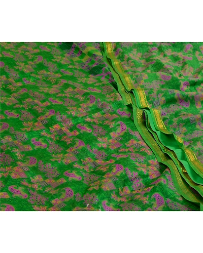 Sanskriti Vintage Sarees Green Zari Border Pure Silk Printed Sari Craft Fabric, PR-64547-Green-Pure Silk-1