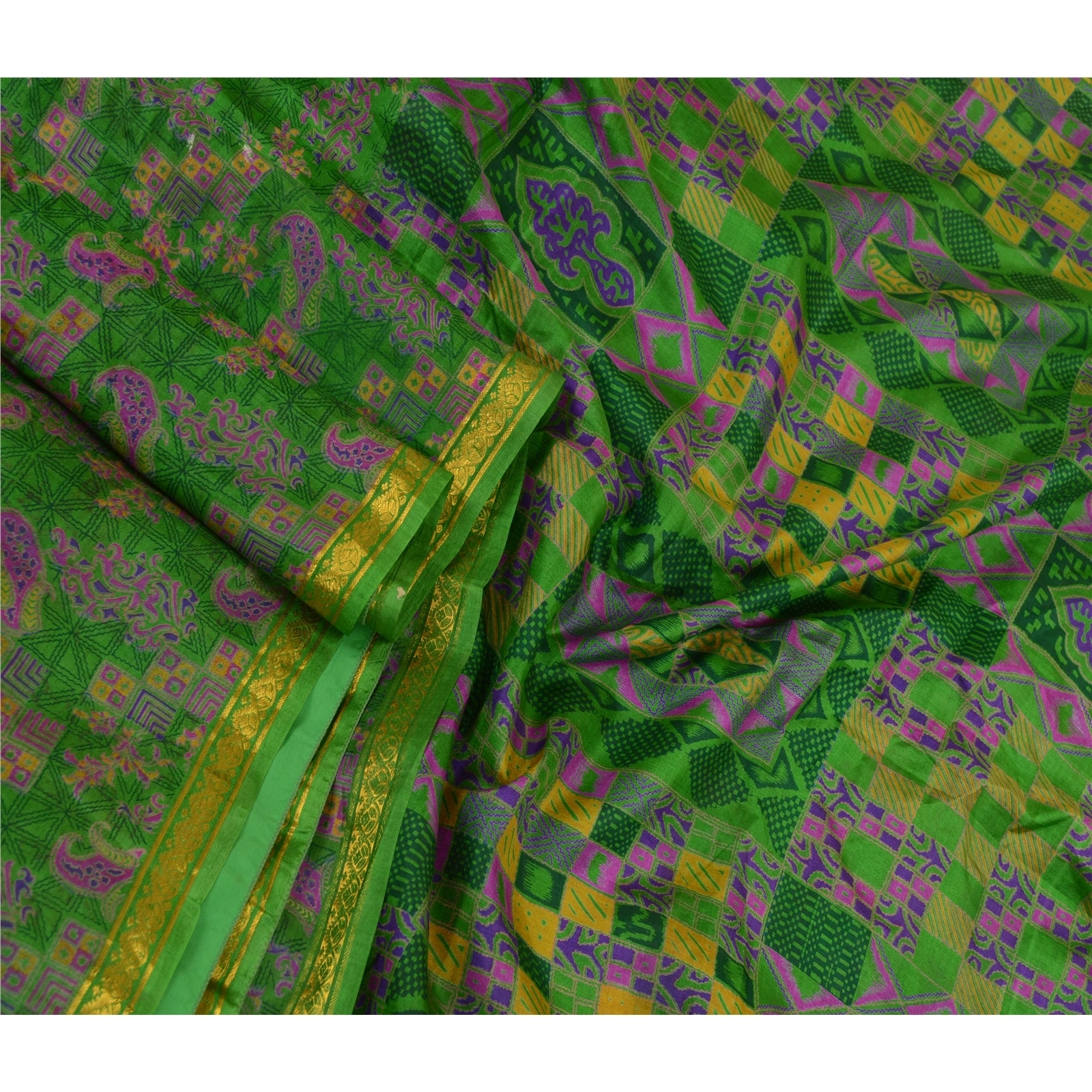 Sanskriti Vintage Sarees Green Zari Border Pure Silk Printed Sari Craft Fabric, PR-64547-Green-Pure Silk-4