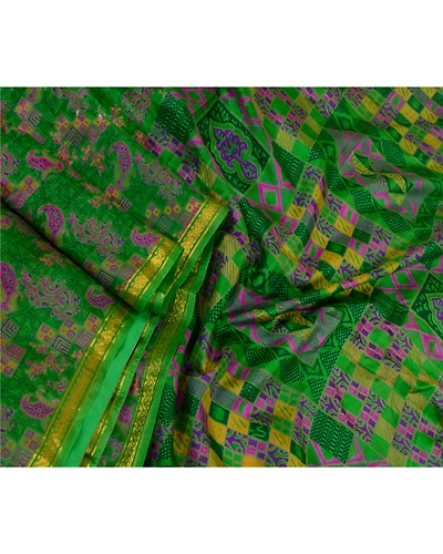 Sanskriti Vintage Sarees Green Zari Border Pure Silk Printed Sari Craft Fabric, PR-64547-Green-Pure Silk-4