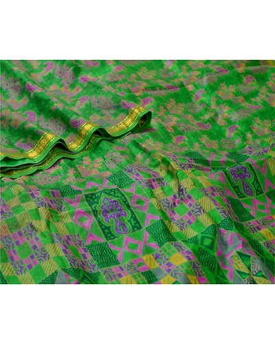 Sanskriti Vintage Sarees Green Zari Border Pure Silk Printed Sari Craft Fabric, PR-64547-Green-Pure Silk-5