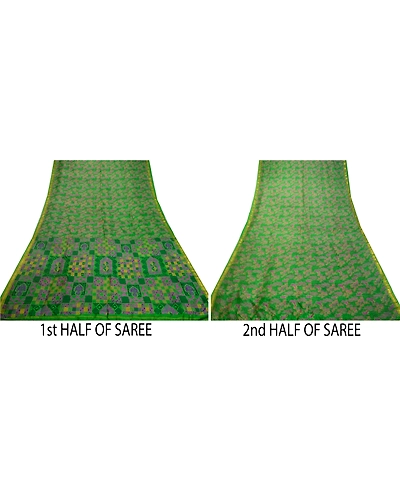 Sanskriti Vintage Sarees Green Zari Border Pure Silk Printed Sari Craft Fabric, PR-64547-Green-Pure Silk-7