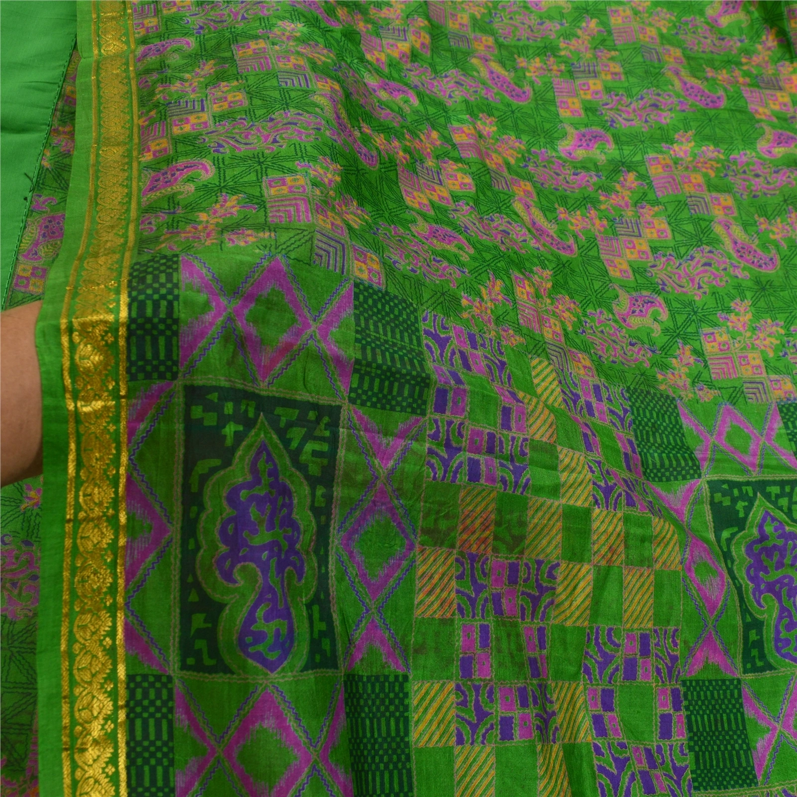 Sanskriti Vintage Sarees Green Zari Border Pure Silk Printed Sari Craft Fabric, PR-64547-Green-Pure Silk-8