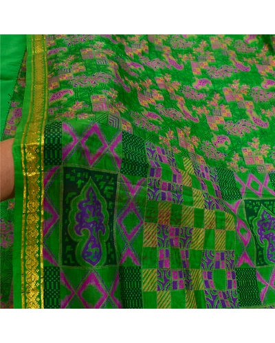 Sanskriti Vintage Sarees Green Zari Border Pure Silk Printed Sari Craft Fabric, PR-64547-Green-Pure Silk-8
