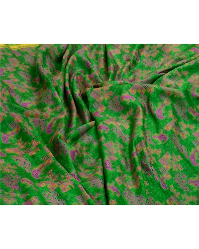 Sanskriti Vintage Sarees Green Zari Border Pure Silk Printed Sari Craft Fabric, PR-64547-Green-Pure Silk-9
