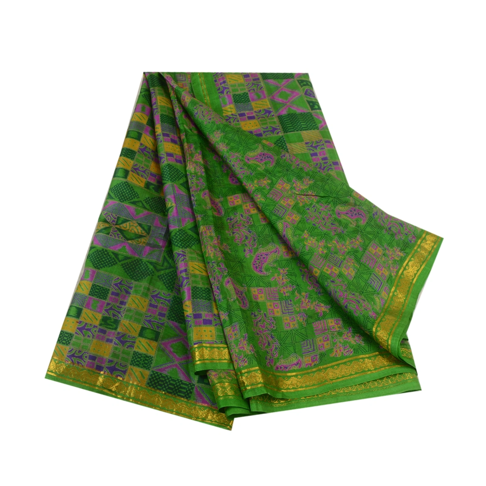 Sanskriti Vintage Sarees Green Zari Border Pure Silk Printed Sari Craft Fabric, PR-64547-Green-Pure Silk-10