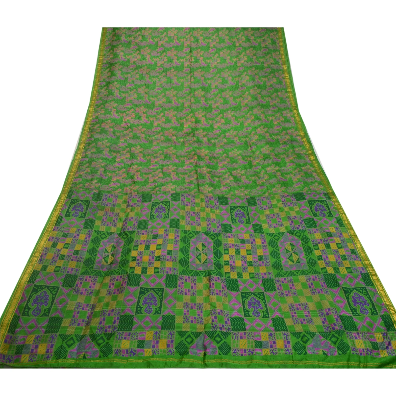 Sanskriti Vintage Sarees Green Zari Border Pure Silk Printed Sari Craft Fabric, PR-64547-Green-Pure Silk-11