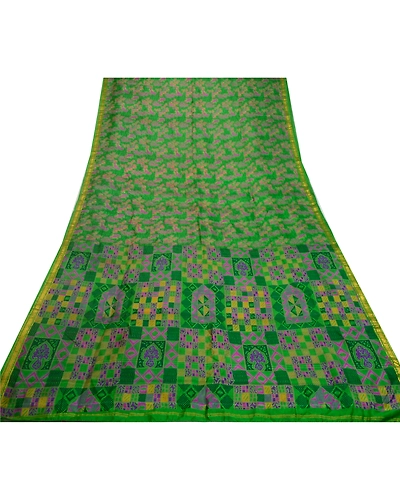 Sanskriti Vintage Sarees Green Zari Border Pure Silk Printed Sari Craft Fabric, PR-64547-Green-Pure Silk-11