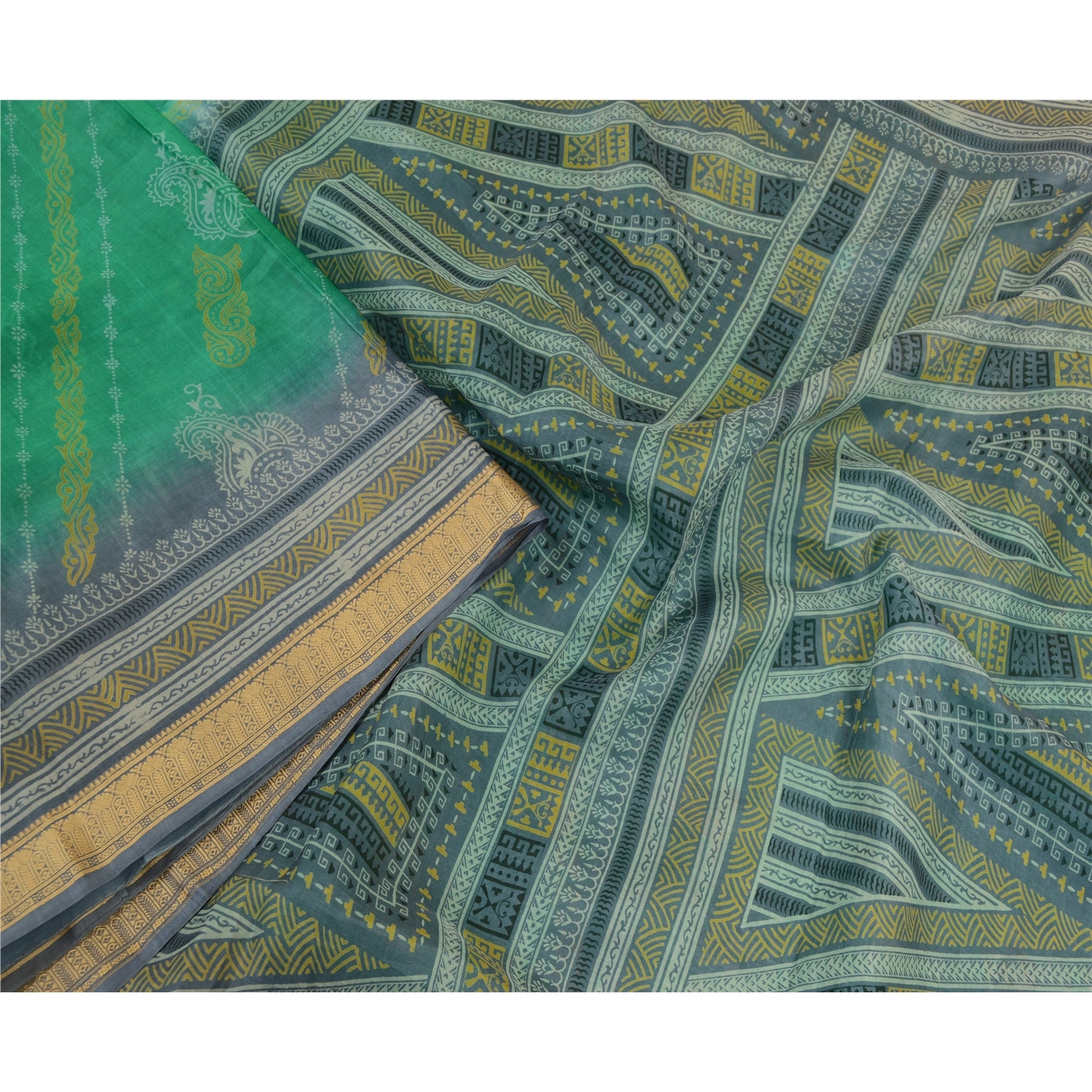 Sanskriti Vintage Sarees Green &amp; Gray Pure Silk Printed Sari Floral Craft Fabric, PR-64555-Green &amp; Gray-Pure Silk-2