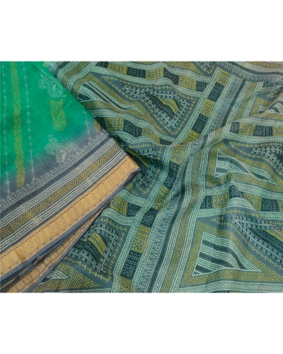 Sanskriti Vintage Sarees Green &amp; Gray Pure Silk Printed Sari Floral Craft Fabric, PR-64555-Green &amp; Gray-Pure Silk-2