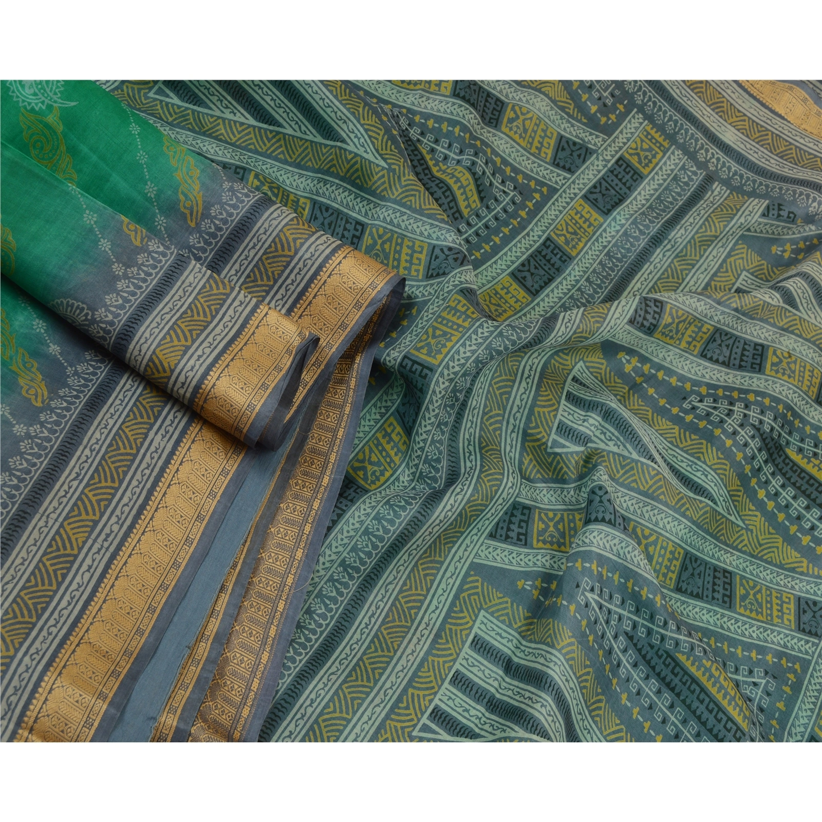 Sanskriti Vintage Sarees Green &amp; Gray Pure Silk Printed Sari Floral Craft Fabric, PR-64555-Green &amp; Gray-Pure Silk-3